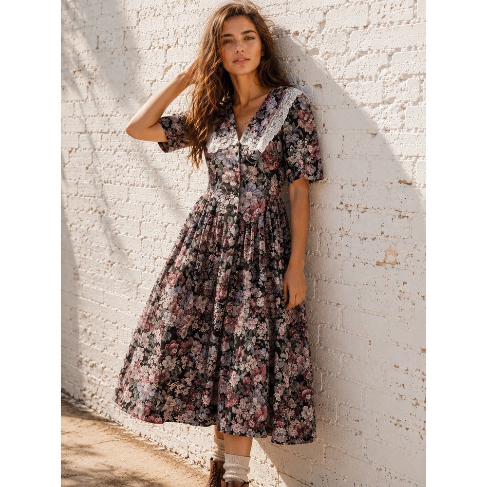 Vintage Floral Cotton Lace Collar Maxi Dress Cottagecore Handmade Prairie L